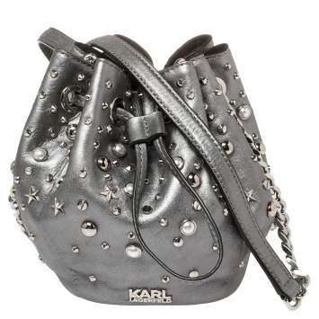 Pre Owned Karl Lagerfeld Metallic Silver Leather K/Rocky Studs Drawstring Bag           