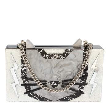 Pre Owned Karl Lagerfeld Black/Silver Glitter Acrylic Choupette Minaudiere Chain Box Clutch