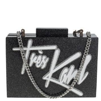 Pre Owned Karl Lagerfeld Black Glitter Acrylic Tres Karl Chain Box Clutch