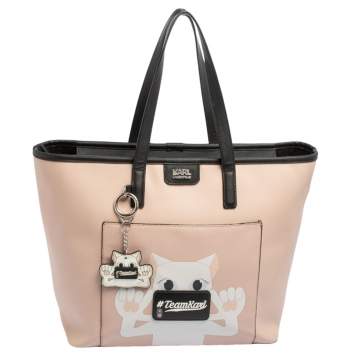 Pre Owned Karl Lagerfeld Salmon Pink/Black Coated Canvas and Leather Team Karl Tote