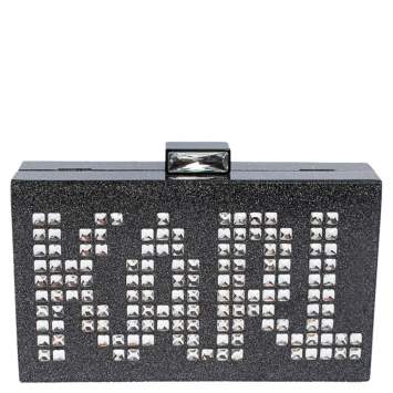 Pre Owned Karl Lagerfeld Black/Silver Glitter Acrylic Minaudiere Diamonds Chain Box Clutch