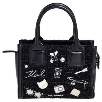 Pre Owned Karl Lagerfeld Black Leather And Tweed K/Klassik Pins Mini Tote