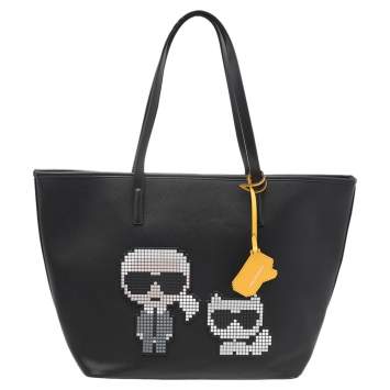 Pre Owned Karl Lagerfeld Black Leather K/Pixel Karl Choupette Shopper Tote