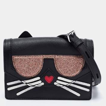 Pre Owned Karl Lagerfeld Black Leather K/Cocktail Cat Crossbody Bag