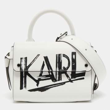 Pre Owned Karl Lagerfeld White Printed Leather Mini K/Ikon Top Handle Bag