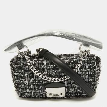 Pre Owned Karl Lagerfeld Black Tweed and Leather Flap Shoulder Bag