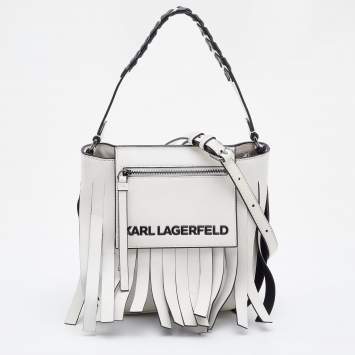 Pre Owned Karl Lagerfeld White/Black Faux Leather K/Fringe Hobo