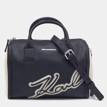 Pre Owned Karl Lagerfeld  Black/White Saffiano Leather Logo Boston Bag