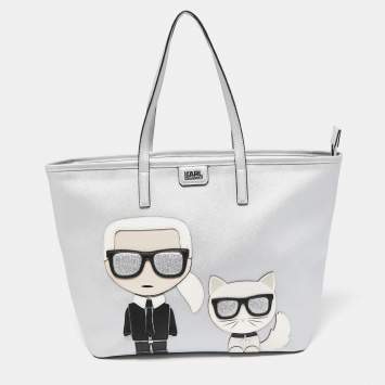 Pre Owned Karl Lagerfeld Silver Leather K/Ikonic Karl Choupette Shopper Tote