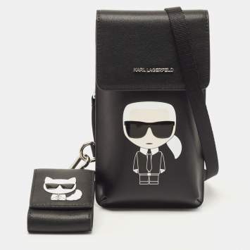 Pre Owned Karl Lagerfeld Black Leather Kikonik Phone Crossbody Bag
