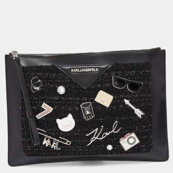 Pre Owned Karl Lagerfeld Black Leather Leather and Tweed K/Klassik Pins Wristlet Pouch