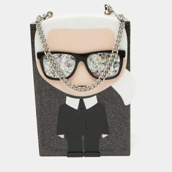 Pre Owned Karl Lagerfeld  Grey Glitter Acrylic K/ikonik Karl Minaudière Crossbody Bag