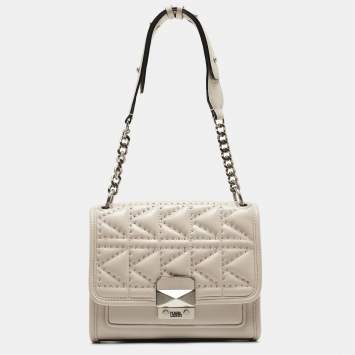 Pre Owned Karl Lagerfeld Beige Quilted Studded Leather Shoulder Bag