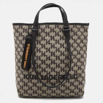 Pre Owned Karl Lagerfeld Black/Grey Jacquard Canvas and Leather K/Monogram Tote