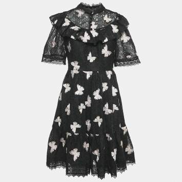 Pre Owned Kate Spade Black Butterfly Embroidery Lace Ruffled Short Dress M