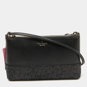 Pre Owned Kate Spade Black Glitter and Leather Ramey Greta Court Crossbody Bag