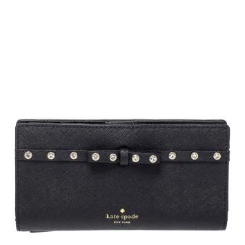 Pre Owned Kate Spade Black Leather Crystal Studded Wallet