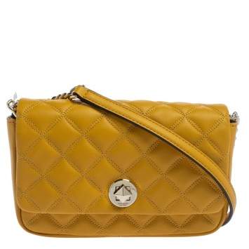 Pre Owned Kate Spade Yellow Quilted Leather Turnlock Flap Crossbody Bag
