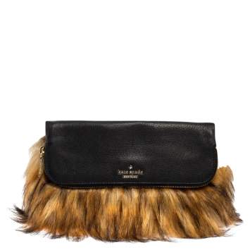 Pre Owned Kate Spade Black/Brown Leather and Faux Fur Clutch