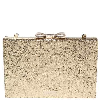 Pre Owned Kate Spade Gold Glitter Bow Frame Chain Clutch