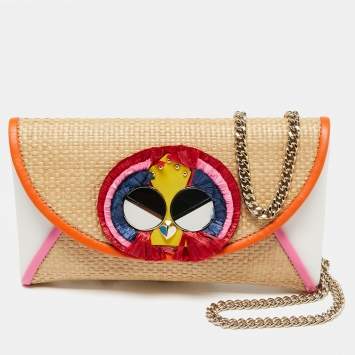 Pre Owned Kate Spade Multicolor oven Raffia and Leather Spademals Preeny Peacock Chain Clutch