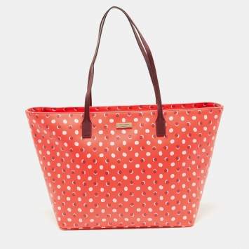Pre Owned Kate Spade Red/Burgundy Coated Canvas and Leather Shore Street Fiesta Dot Shopper Tote