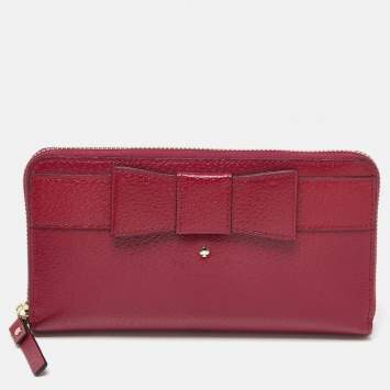 Pre Owned Kate Spade Burgundy Leather Bow Zip Around Wallet