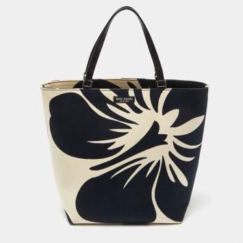 Pre Owned Kate Spade Black/White Hibiscus Printed Canvas Tote