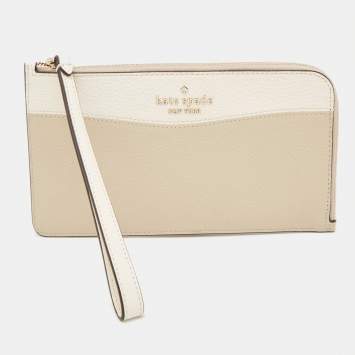 Pre Owned Kate Spade Beige/Cream Leather L Zip Wristlet Wallet