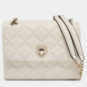 Pre Owned Kate Spade Ivory White Quilted Leather Natalia Flap Shoulder Bag