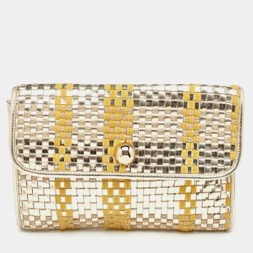 Pre Owned Kate Spade Tri Color Woven Laminated Leather and Fabric Paola Clutch