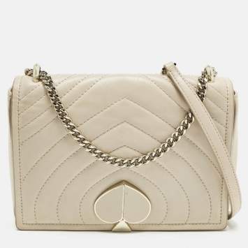 Pre Owned Kate Spade Amelia Medium Beige Leather Convertible Flap Chain Shoulder Bag