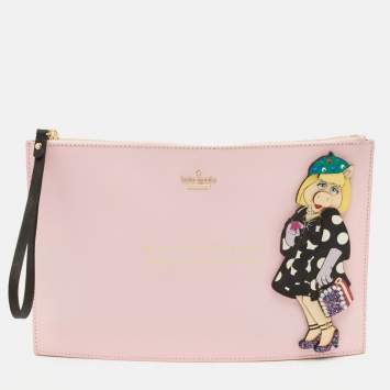 Pre Owned Kate Spade x Miss Piggy Fancy Friday Pink Leather Wristlet Clutch