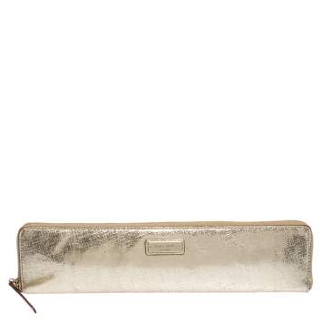 Pre Owned Kate Spade Gold Leather Zip Around Long Clutch
