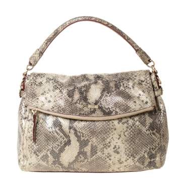 Pre Owned Kate Spade Metallic Beige Python Effect Leather Minka Top Handle Bag