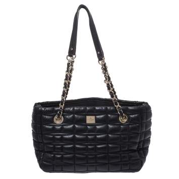 Pre Owned Kate Spade Black Square Quilted Leather Chain Tote