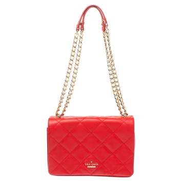 Pre Owned Kate Spade Red Quilted Leather Logo Flap Shoulder Bag