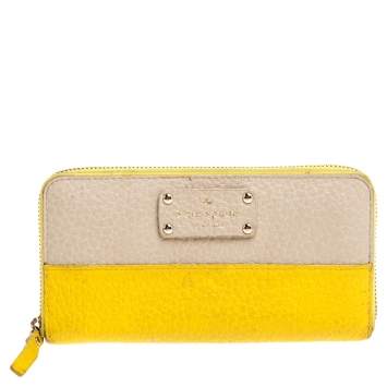 Pre Owned Kate Spade Yellow/Beige Leather Grove Court Lacey Zip Around Wallet