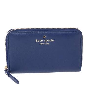 Pre Owned Kate Spade Blue Leather Zip Around Wallet