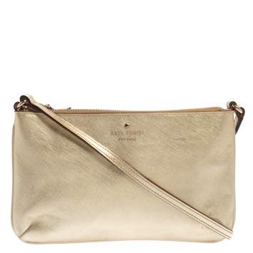 Pre Owned Kate Spade Gold Leather Top Zip Crossbody Bag