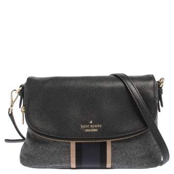 Pre Owned Kate Spade Black/Grey Leather and Wool Jackson Street Harly Shoulder Bag