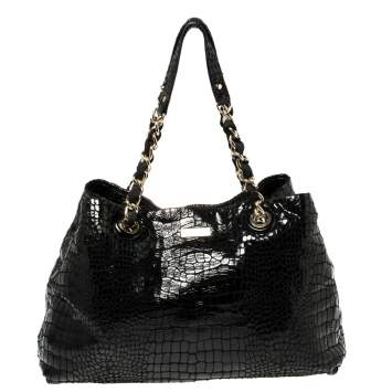 Pre Owned Kate Spade Black Croc Embossed Patent Leather Tote