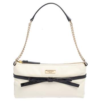 Pre Owned Kate Spade Black/Cream Leather and Patent Leather Bow Chain Baguette