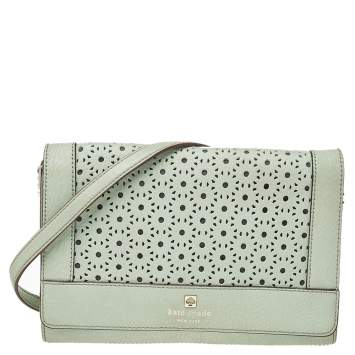 Pre Owned Kate Spade Mint Green Leather Perforated Flap Shoulder Bag