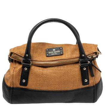 Pre Owned Kate Spade Black/Brown Woven Raffia and Leather Leslie Foldover Satchel 