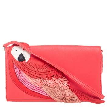Pre Owned Kate Spade Coral Leather New York Flights of Fancy Parrot Shoulder Bag