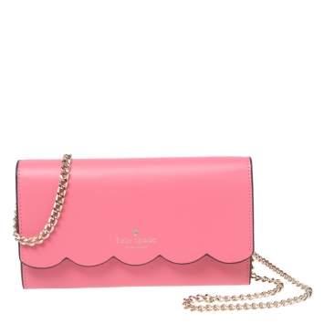 Pre Owned Kate Spade Pink Leather Gemma Scalloped Wallet on Chain
