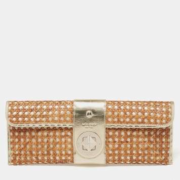 Pre Owned Kate Spade Gold/Brown Woven Rattan and Leather Turnlock Flap Long Clutch
