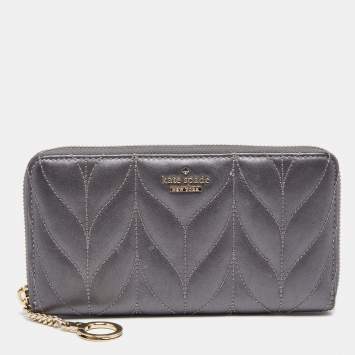 Pre Owned Kate Spade Grey Briar Lane Quilted Leather Neda Zip Around Wallet