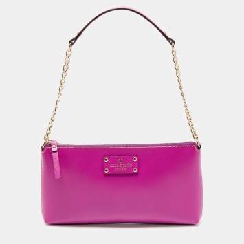 Pre Owned Kate Spade Fuchsia Leather Zip Chain Baguette Bag